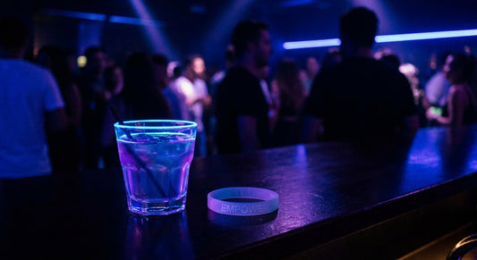 A cocktail glass on a nightclub bar counter with a test wristband placed beside it under moody blue and purple lighting.