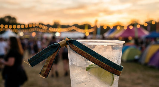 A colorful test wristband draped over a clear festival drink cup against a blurred outdoor festival background in warm golden-hour light.
